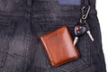 Brown wallet, car keys on black jean