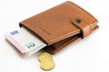 Brown wallet with euro currency banknotes and coins Royalty Free Stock Photo