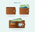 Brown wallet full of green dollars vector illlustration