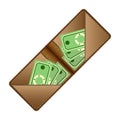 Brown wallet with green banknotes. Flat vector