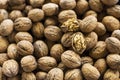 Brown walnuts close up, cracked walnut