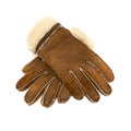 Brown warm fur suede gloves isolated on white background, winter equipe