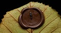 A brown wax seal sits on a textured leaf with visible veins, against a black Royalty Free Stock Photo