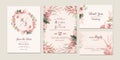 Brown wedding invitation template set with soft watercolor floral frame and border decoration. Botanic illustration for card