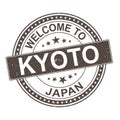 Brown Welcome to Kyoto Japan Quality Original Stamp Design Vector Art Tourism Souvenir Round.