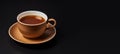 Brown and white antique teacup isolated on a black banner style background. Royalty Free Stock Photo