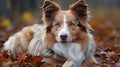 Brown white Australian Shepherd dog sit and relax in the field of autumn leaves at the nature blur background Royalty Free Stock Photo