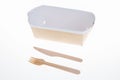 Brown white blank cardboard Rectangle Take Away Box Packaging For Sandwich Food with wooden knife fork Royalty Free Stock Photo