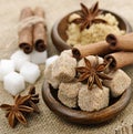 Brown And White Cane Sugar,Cinnamon And Anise Star Royalty Free Stock Photo