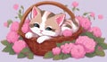 A brown and white cat in a basket of pink flowers
