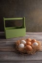 Brown and white chicken eggs in a straw nest on wooden background. Behind a wooden box. Space under your text Royalty Free Stock Photo