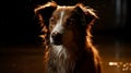 Brown white color Australian Shepherd dog get wet and sit down after soaked in the heavy rain outside, looking at something with