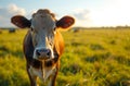 Brown and white cow stands in green pasture with its head turned towards the camera. Royalty Free Stock Photo