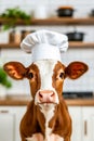 A brown and white cow wearing a chef's hat in a kitchen Royalty Free Stock Photo