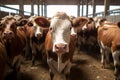 Brown and white cows stand inside a farm in the sun Royalty Free Stock Photo