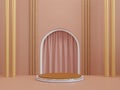 brown and white cylinder pedestal podium with arch shape backdrop and brown battens. abstract pastel brown color. 3d rendering