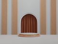 brown and white cylinder pedestal podium with arch shape backdrop and brown battens. 3d rendering