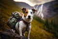 Brown and white dog with backpack on his back standing on rock in the mountains. Generative AI
