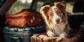 A brown and white dog is laying on a brown suitcase Royalty Free Stock Photo
