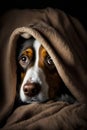 Brown and white dog laying under blanket on top of bed. Generative AI Royalty Free Stock Photo