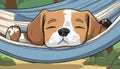 A brown and white dog sleeping in a hammock