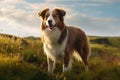 A Brown And White Dog Standing On Top Of A Grass Covered Field