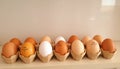 Brown and white eggs are neatly arranged in two rows within light tan egg carton generated Royalty Free Stock Photo