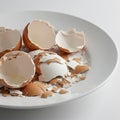 Brown and white eggshells are scattered on a white plate. The shells are cracked and Royalty Free Stock Photo