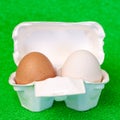 Brown and white fresh eggs inside cardboard paper package on green  fake grass background Royalty Free Stock Photo