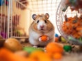 A brown and white hamster holding an orange. Generative AI image.