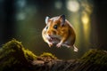 Brown and white hamster jumping in the air over mossy ground. Generative AI