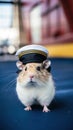 A brown and white hamster wearing a hat. Generative AI image.