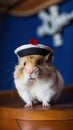 A brown and white hamster wearing a hat. Generative AI image.