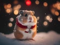 A brown and white hamster wearing a red scarf. Generative AI image.