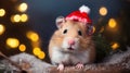 A brown and white hamster wearing a santa hat. Generative AI image.