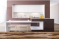Brown and white original kitchen interior bar blur
