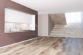 Brown and white original kitchen interior, stairs