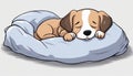 A brown and white puppy sleeping on a blue pillow Royalty Free Stock Photo