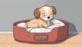 A brown and white puppy sleeping in a red bed Royalty Free Stock Photo