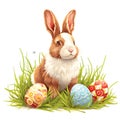 Brown and White Rabbit Sitting Next to Pile of Eggs. Generative AI Royalty Free Stock Photo