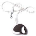 Brown and white retractable leash for dog on white background from the side from above