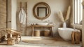 Brown and white shades define a wabi-sabi bathroom with solid oak and rattan furniture, showcasing aesthetic interior