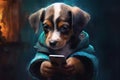 Shorthair puppy in a hoody using a mobile phone