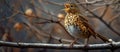 Brown and White Song Thrush Perched on Tree Branch Royalty Free Stock Photo