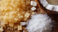 Brown and White Sugar with Coconut Pieces on Wood Royalty Free Stock Photo
