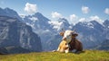 brown and white swiss cow with a cowbell lying on the grass in an alpine pasture Royalty Free Stock Photo