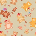 Brown and white teddy bears holding balloons in a seamless pattern