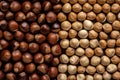 Brown whole macadamia nuts background. Generate ai