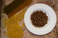 Brown whole wheat pasta in the white plate Royalty Free Stock Photo