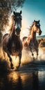 Brown wild horse galloping and jumping on the surface of the river